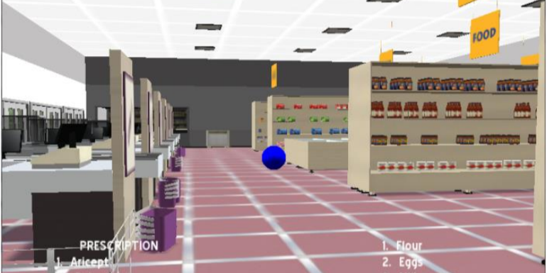 A screenshot of a virtual environment where the scene is a grocery store with low fidelity grahpics. Shelves with pasta sauce and noodles are on the right. A line of registers is on the left. The floors are covered in maroon tiles. 