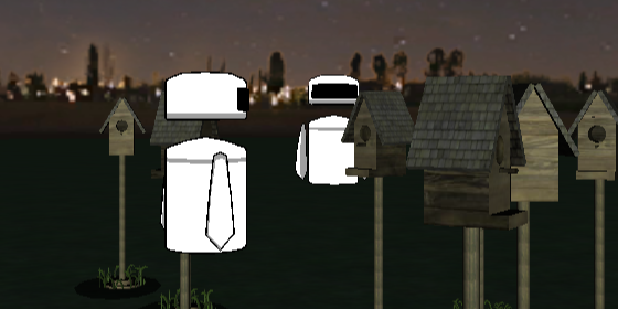 A virtual environment with two white, anthropromorphic robots. Wooden birdhouses are scattered around them in an open field at night.