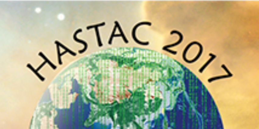 The banner from the HASTAC 2017 conference website. The words 'HASTAC 2017' are curved over an image of the globe. The background is filled with sepia colored space dust