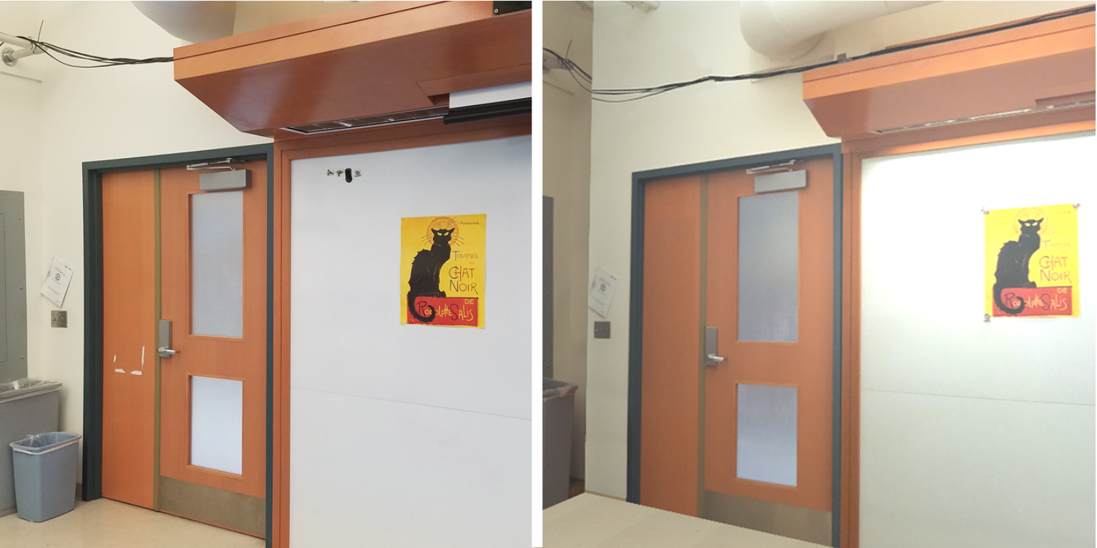 Two images of a classroom wall featuring a cat poster are shown side by side. The left image is virtual. The right image is real.