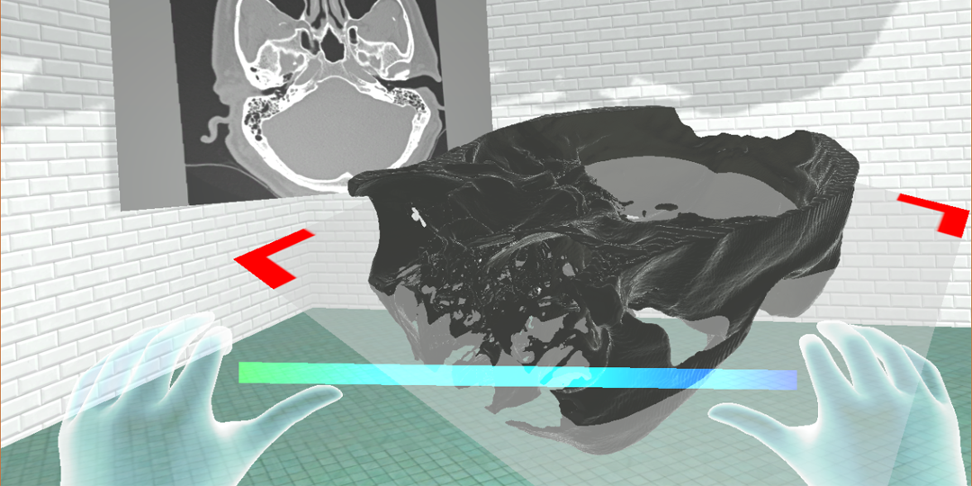 A screenshot of a VR user pointing to an ear structure within a semi-transparent 3d model of the human skull. 