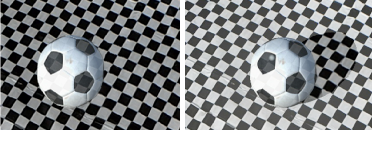 Transluscent soccer balls are shown on top of a black and white tiled tablecloth. The left soccreball is rendered without a shadow; the right soccerball with a shadow.