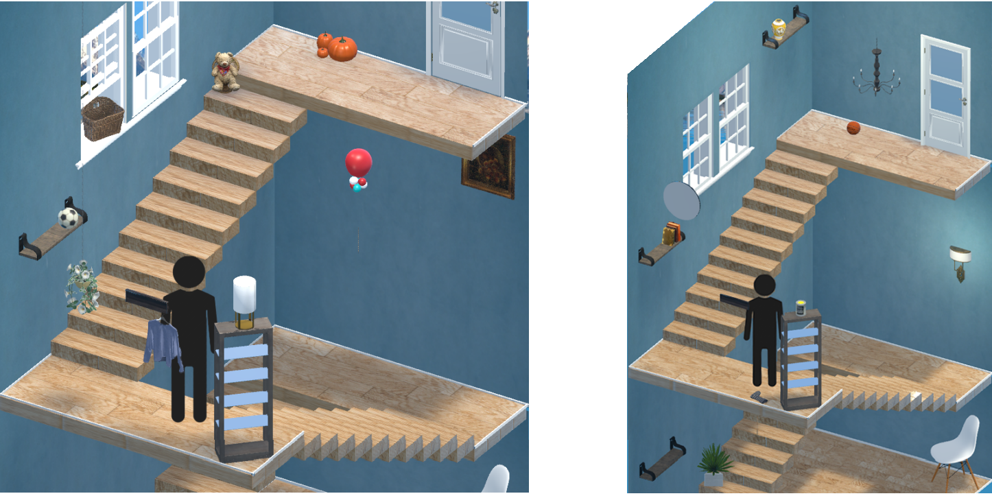 Two virtual environments are shown. Both are stairwells with objects strewn about. In the left image, objects are all positioned at eye height. In the right image, objects are positioned at, below, and above eye height.