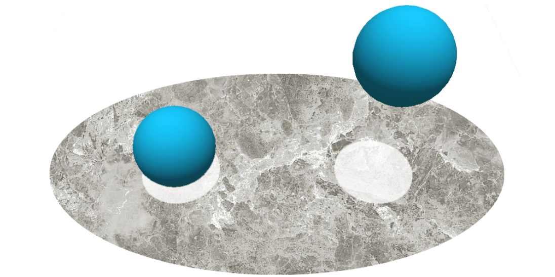 An image with two, floating spheres above a granite surface are shown. They have a faded white highlight beneath them instead of a shadow..