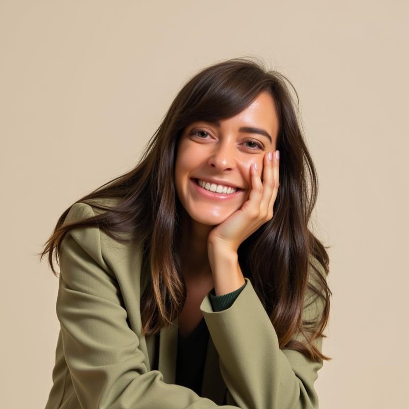 A headshot of Haley Adams, the creator of the website. She has long brown hair and a big grin.